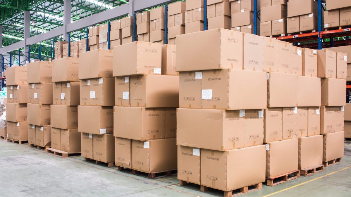 Export warehouse with palletized cartons ready for shipment