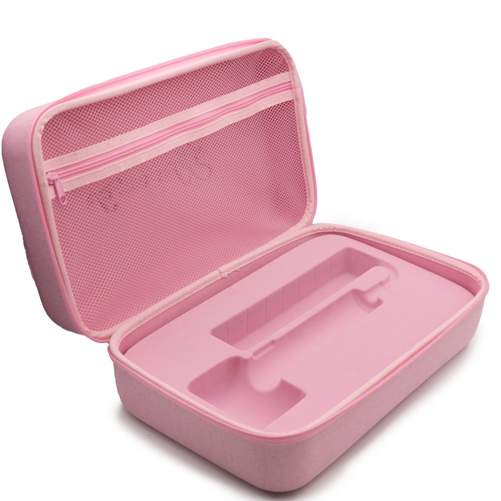 Custom EVA case for a beauty device, open, pink molded EVA case with foam insert and a mesh zip pocket in the lid