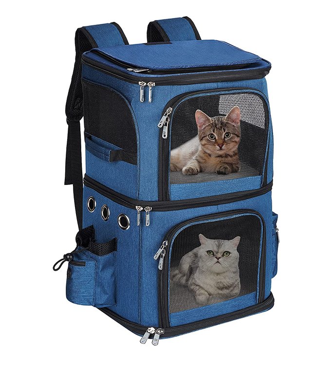 Pet carrier bag, grey soft sided pet carrier with mesh panels next to a cat
